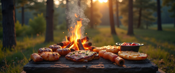 An adventurous camping barbecue showcasing a campfire grilling setup amidst tall trees, with various grilled foods beautifully displayed and ample space for inserts.