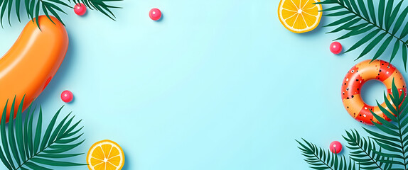 A stylish pool party invitation featuring tropical themes and bright colors, designed with open copy space for personalized text and decorative elements.