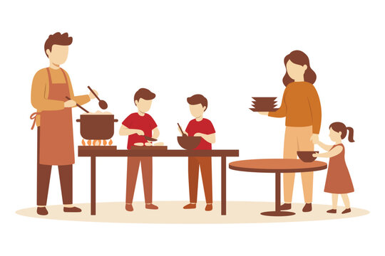 Happy family cooking together in the kitchen father mother and children preparing food flat vector.