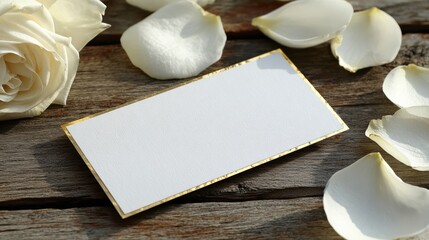 Elegant White Card With Golden Edges Surrounded by Rose Petals on Rustic Wooden Table