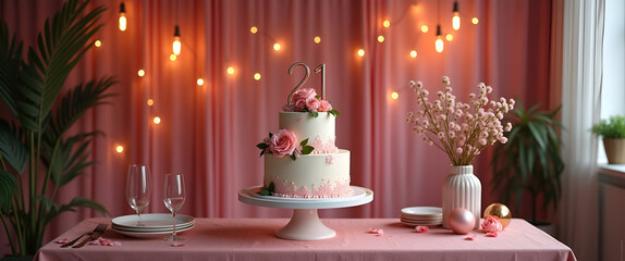 A chic 21st birthday celebration featuring a classy backdrop, complete with elegant decor and a stylish birthday cake, allowing for copy space for branding.