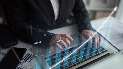 A business professional engaged in data analysis on a laptop, with an overlay of graphical data, depicting market growth and trends in a contemporary office setting. Copula - Powered by Adobe