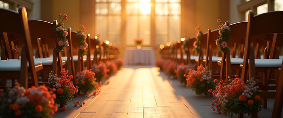 Elegant setup for a commencement ceremony, featuring neatly arranged chairs and decorative elements, styled with golden light filtering through, including negative space for branding.