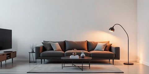 Sleek arc floor lamps, table lamp, pendant light in minimalist living room,   minimalist design,  minimalist