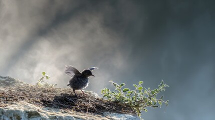 successor. A young bird flaps its wings at a misty cliff edge. wildlife magazines, conservation campaigns, designed for wildlife conservation campaigns, supports conservation.