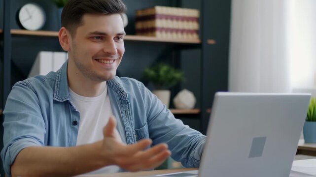 A man smiles while looking at his laptop, gesturing with his hand in a well-lit interior