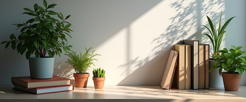 A contemplative workspace showcasing productivity motivation resources, featuring inspiring books and green plants, composed harmoniously with ample copy space for messages.
