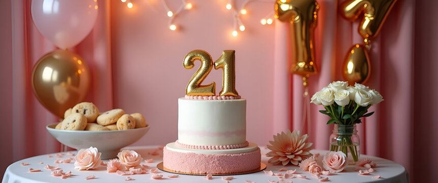 A chic 21st birthday celebration featuring a classy backdrop, complete with elegant decor and a stylish birthday cake, allowing for copy space for branding.