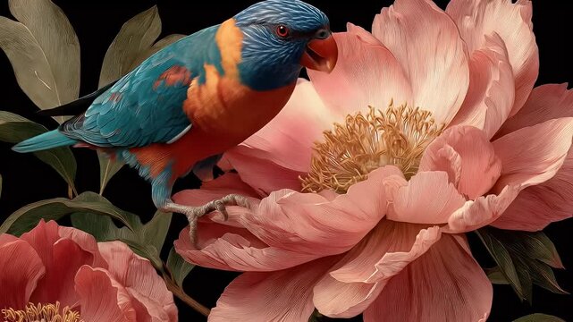Parrot Feeding on a Peony