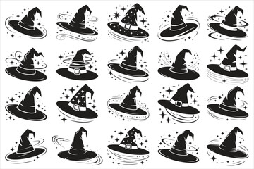 A bold black silhouette of a classic Halloween witch hat paired with a whimsical wizard hat,