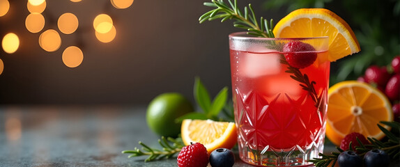 A refreshing New Year mocktail served in elegant glassware, with decorative fruit and herbs, set against a festive backdrop, allowing for effective copy space.