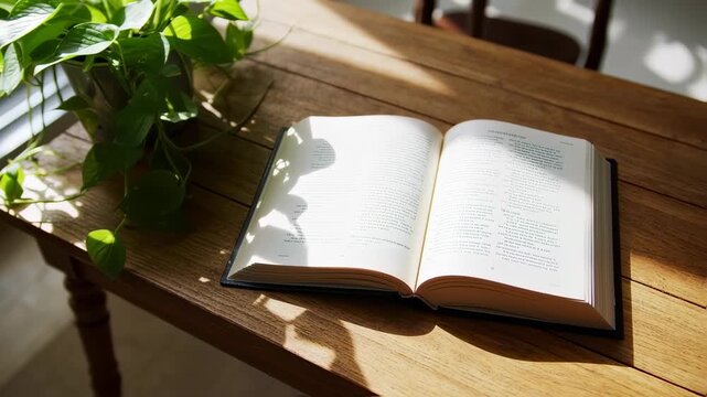 Book, plant on a wood table under sunlight, for inspiration and learning purposes