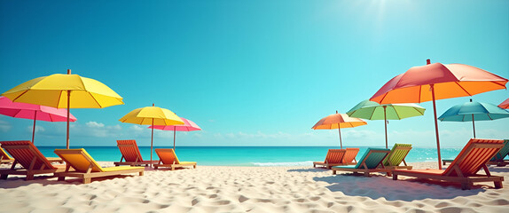 A vibrant beach scene depicting the energetic spirit of spring break, featuring colorful beach umbrellas, with ample room for branding and text overlay.