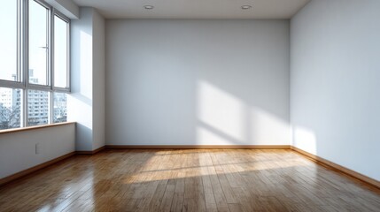Obraz premium Sunlight streams into an empty room with hardwood floors and a large window.