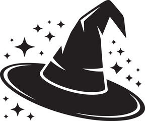 A bold black silhouette of a classic Halloween witch hat paired with a whimsical wizard hat,
