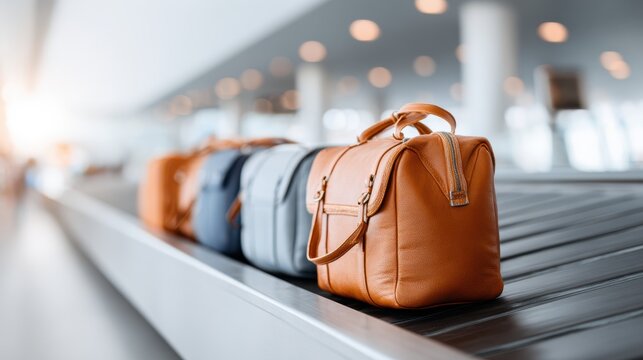Luggage lined up on conveyor belt at airport, showcasing various colors and textures, representing travel and adventure in modern transportation