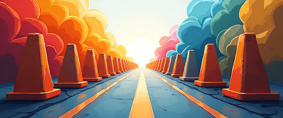 A captivating image portraying equality challenges depicted through abstract forms representing obstacles, with leading lines guiding attention towards ample copy space for context.