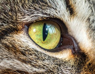 Macro shot of a feline's captivating eye, displaying intricate detail and striking green irises