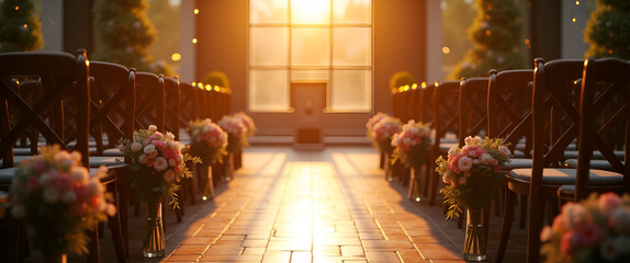 Elegant setup for a commencement ceremony, featuring neatly arranged chairs and decorative elements, styled with golden light filtering through, including negative space for branding.