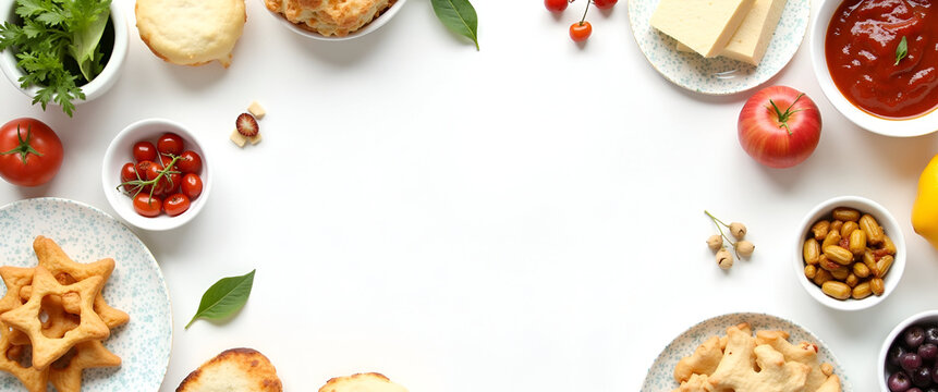 A beautiful arrangement of traditional Passover symbolic foods artfully presented on a clean white background featuring ample copy space for text placement.