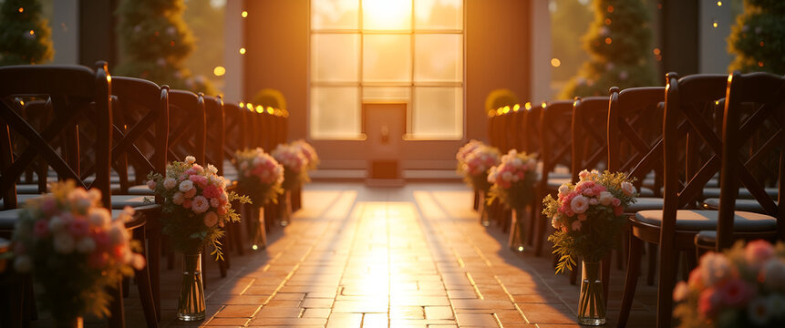 Elegant setup for a commencement ceremony, featuring neatly arranged chairs and decorative elements, styled with golden light filtering through, including negative space for branding.