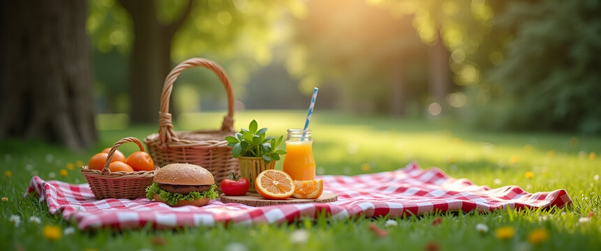 A serene picnic moment captured with artisanal foods in a tranquil park setting, highlighting negative space that draws focus to the arrangement and offers branding opportunities.