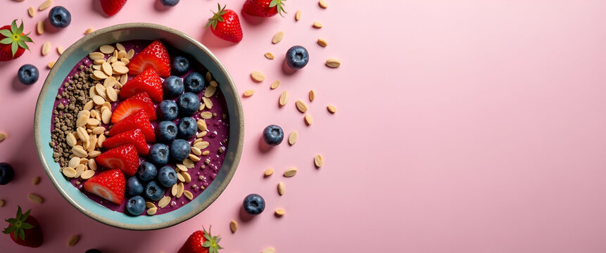 An elegantly arranged vegan acai bowl adorned with fresh fruits and seeds, providing a visually striking layout with ample copy space suitable for promotional content.