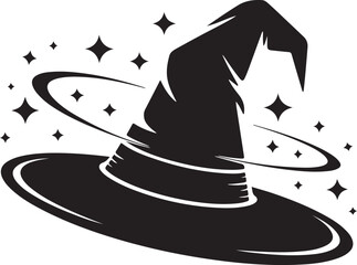 A bold black silhouette of a classic Halloween witch hat paired with a whimsical wizard hat,