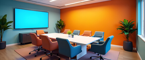 A vibrant meeting space showcasing effective meeting techniques, incorporating negative space for flexible content placement and promoting active participation.