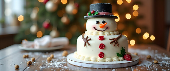 An imaginative snowman-inspired cake displayed elegantly on a festive table, featuring intricate frosting details and decorations, with generous copy space for promotional ideas.