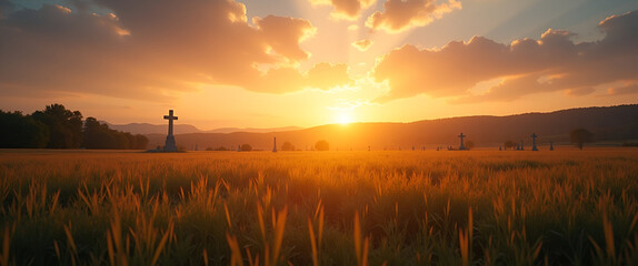 A contemplative view of a wide open field adjacent to a cemetery at sunset, inviting thoughts of remembrance and providing ample copy space for heartfelt submissions.
