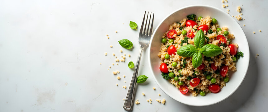 A colorful quinoa salad elegantly presented in a minimalist style, utilizing leading lines. The layout allows ample copy space for text overlays or branding.