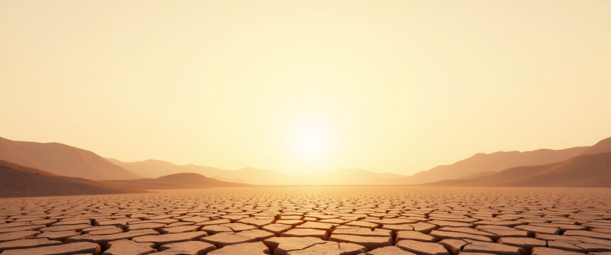 A minimalist representation of drought and heatwave, showcasing cracked earth and dry landscapes, designed with ample room for textual inserts and marketing purposes.