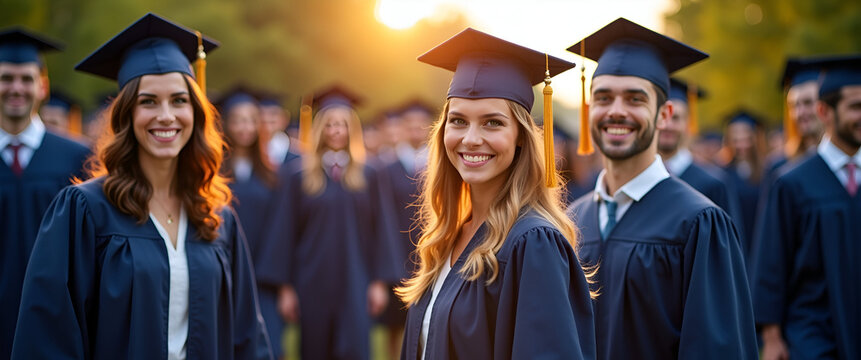 A beautiful graduation class image that captures the essence of success, showing graduates in their robes with smiles, providing an ideal layout for promotional text.