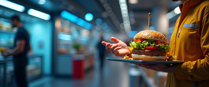 A futuristic setting showcasing the evolution of food delivery services in 2025, highlighting advanced technology and meaningful copy space for creative branding.