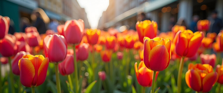 A bustling tulip flower market showcases an array of vibrant tulips, allowing for visually distinct copy space, promoting natures beauty in a lively environment.