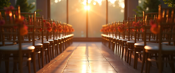 Elegant setup for a commencement ceremony, featuring neatly arranged chairs and decorative elements, styled with golden light filtering through, including negative space for branding.