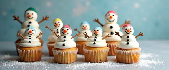 Charming snowman cupcakes artfully arranged on a table, each showcasing unique designs, with soft lighting and background to highlight the festive theme and available copy space for recipes.