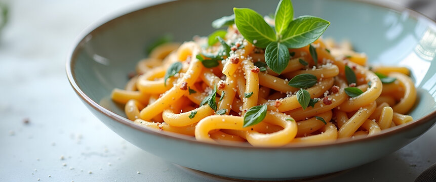 A delicious bowl of vegan pasta topped with fresh herbs and plant-based sauces, featuring a minimalist approach with ample copy space for branding.