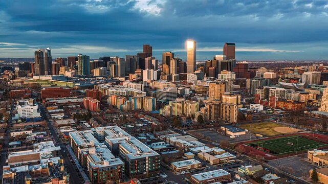 Aerial view of the Denver skyline, aerial hyperlapse, Denver, CO