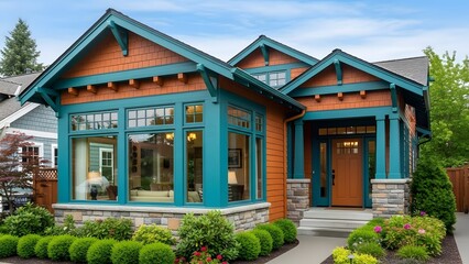 Fototapeta premium Colorful craftsman style home exterior with landscaping and stone