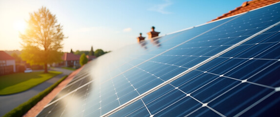 A vivid representation of solar rooftop installation with a focus on the skillful arrangement of panels, highlighting the home environment, while incorporating copy space for promotional material.