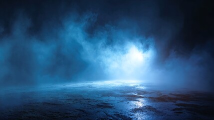 Obraz premium A serene, misty landscape with a mystical blue glow, creating an ethereal atmosphere that evokes calm and wonder.