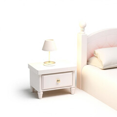 Dreamy bedroom scene featuring a stylish bedside table with a lamp beside a bed, perfect for showcasing interior design, sleep concepts, and cozy home environments for peaceful nights