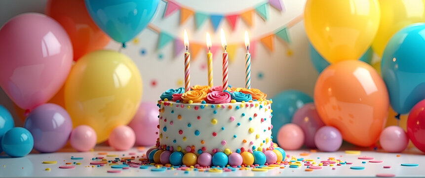 A vibrant birthday celebration scene featuring a beautifully decorated cake surrounded by colorful balloons, with ample copy space for personalized messages.