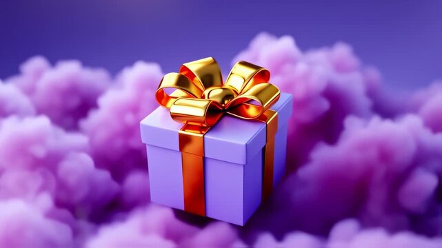 Gift Box with Golden Bow Floating in Pink Clouds, Dreamy and Festive Animation