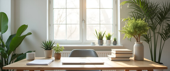 A serene workspace featuring a minimalist desk with plants, books, and natural light, enhancing productivity and wellness while leaving ample copy space for text.