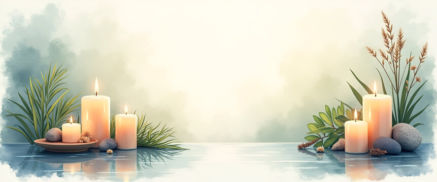 A soothing watercolor representation of a meditative space filled with candles and natural elements, reflecting authentic peace and providing an inspirational backdrop with empty space.