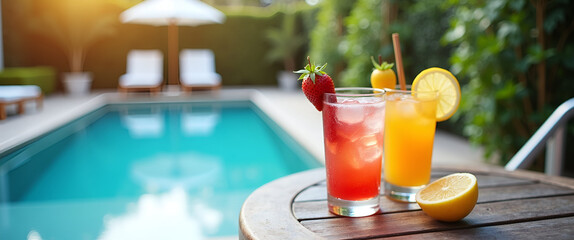An artistic composition of refreshing cocktails garnished with fruits placed on a stylish table, with a pool in the background and negative space for branding elements.