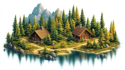 Fototapeta premium Isometric illustration features twin log cabins nestled in pine forest near a tranquil lake